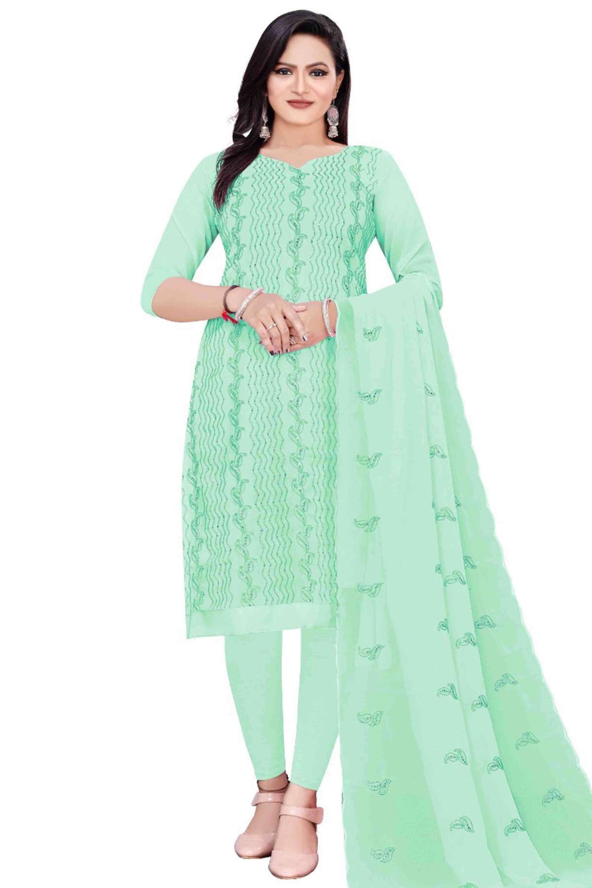 Unstitched Georgette Embroidery Churidar Suit In Sea Green Colour - US3234357