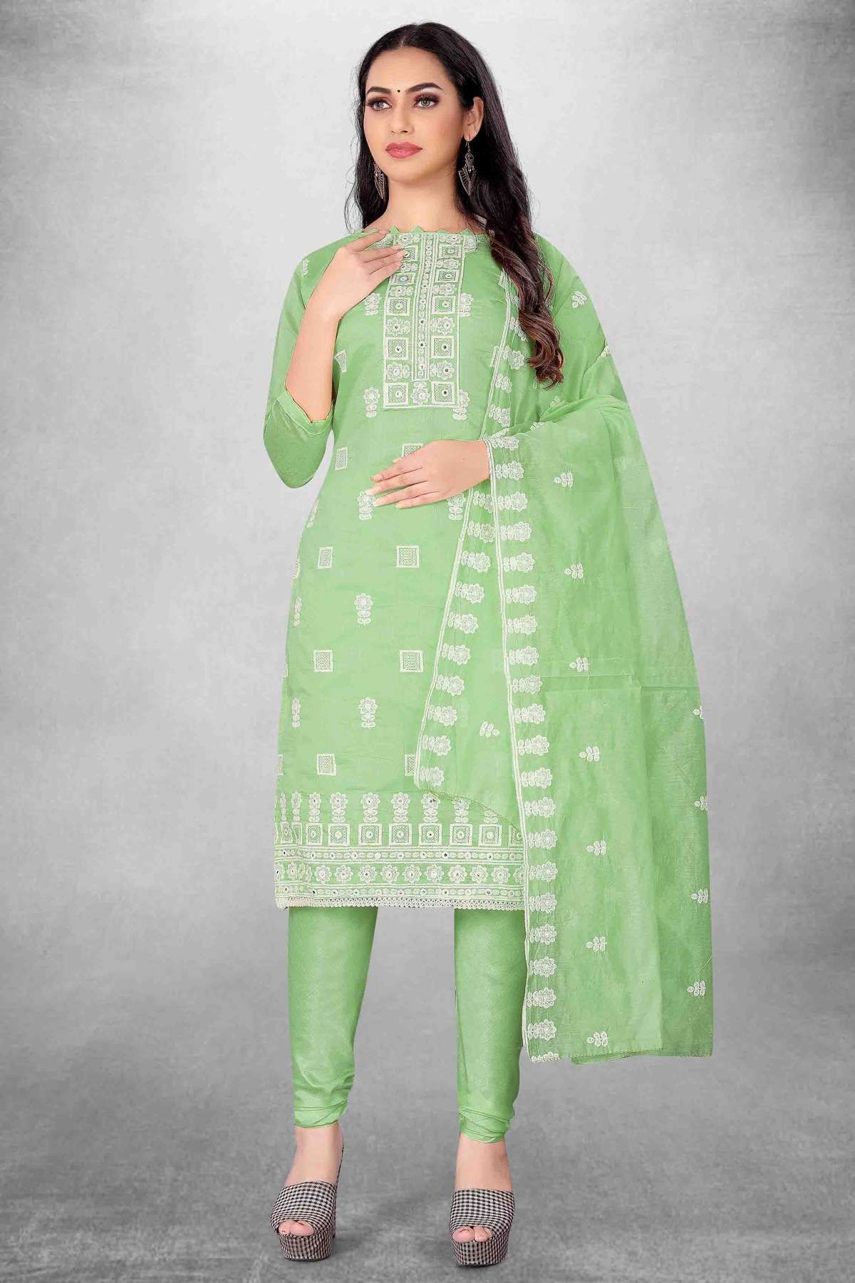 Unstitched Modal Cotton Embroidery Churidar Suit In Green Colour - US3234512