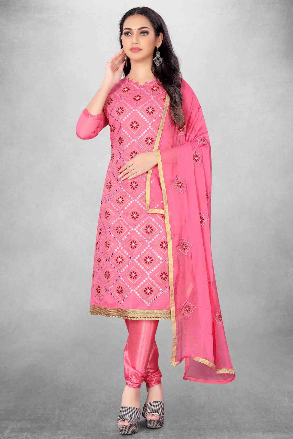 Unstitched Modal Cotton Embroidery Churidar Suit In Pink Colour - US3234451
