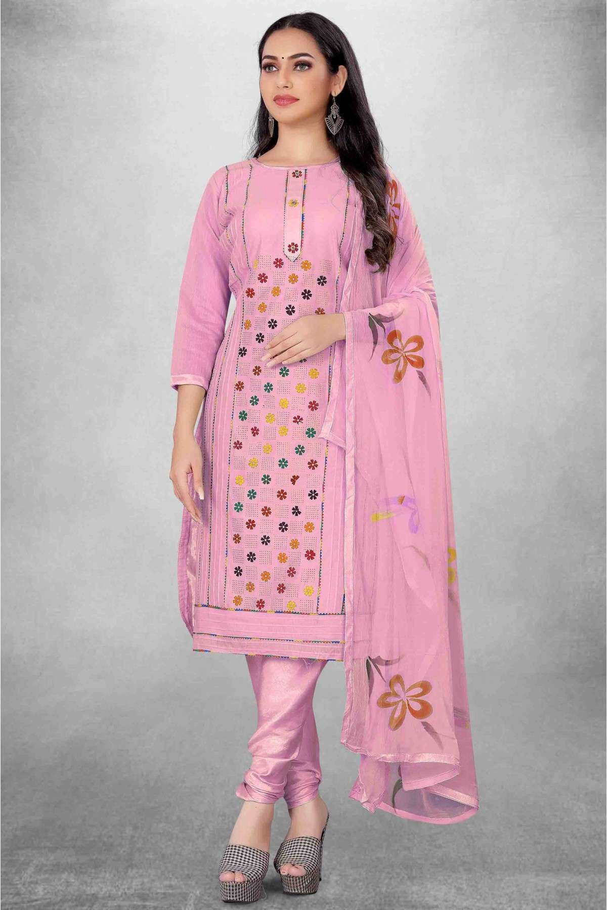 Unstitched Modal Cotton Embroidery Churidar Suit In Pink Colour - US3234455