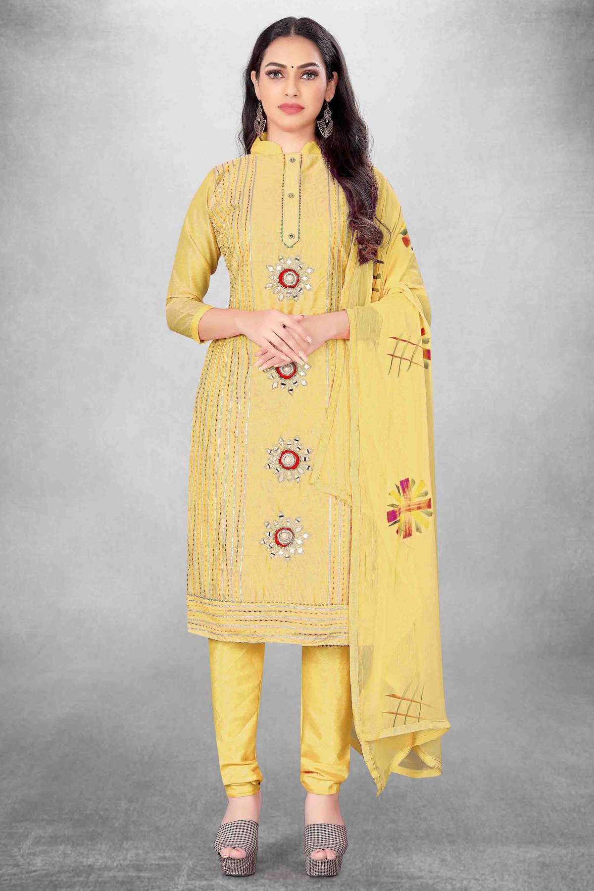 Unstitched Chanderi Cotton Embroidery Churidar Suit In Yellow Colour