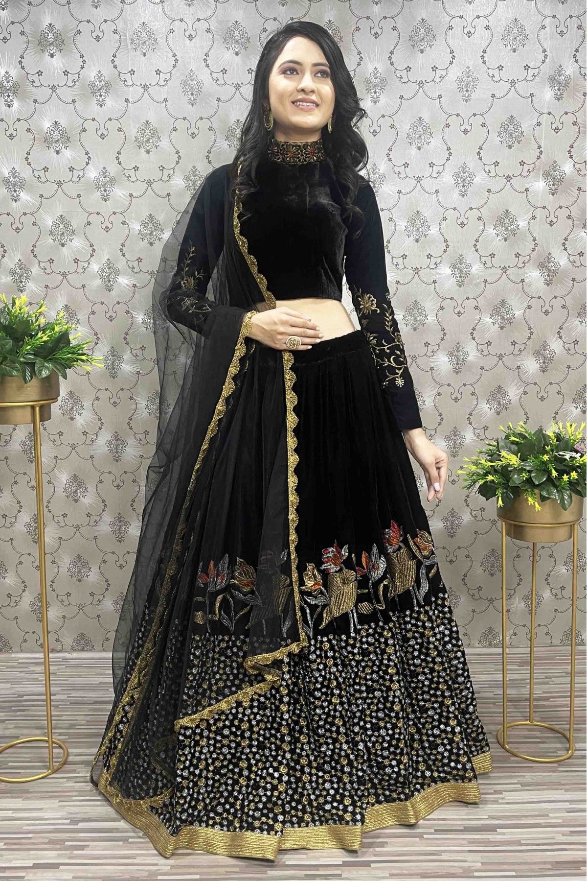 Designer Kutchi Gamthi Mirror Work Black Color Lehenga Choli