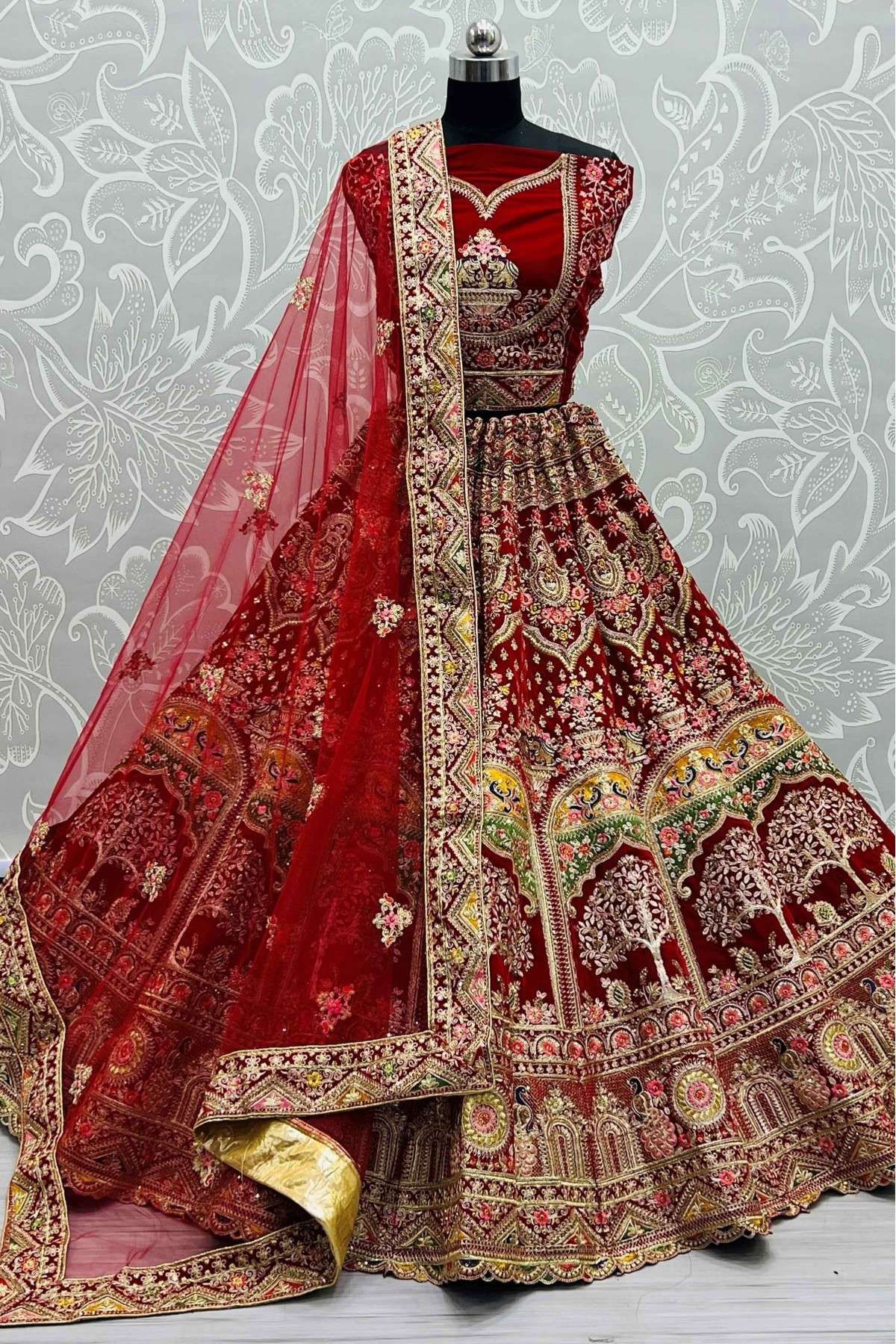 Velvet Embroidery Lehenga Choli In Red Colour - LD5416143