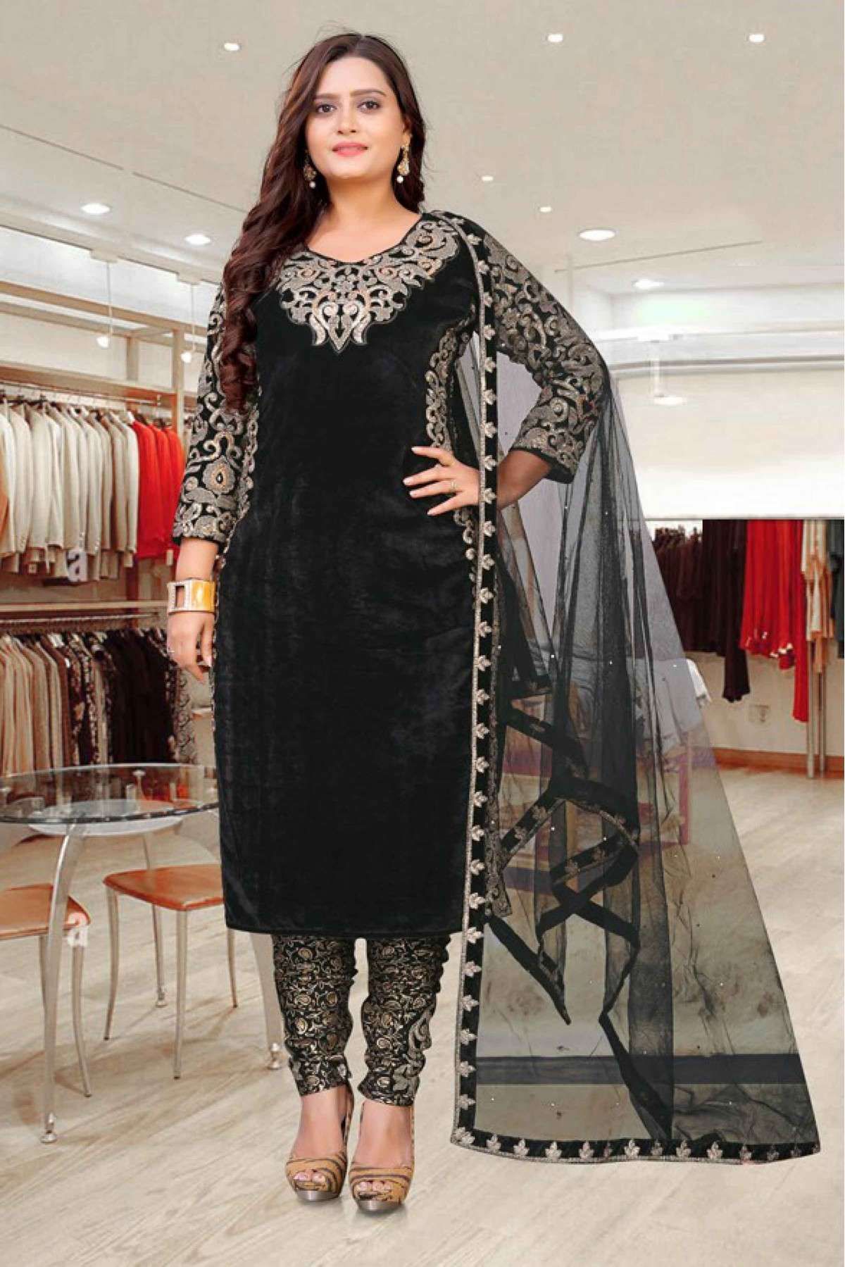 Velvet Embroidery Pant Style Suit In Black Colour - SM1775466