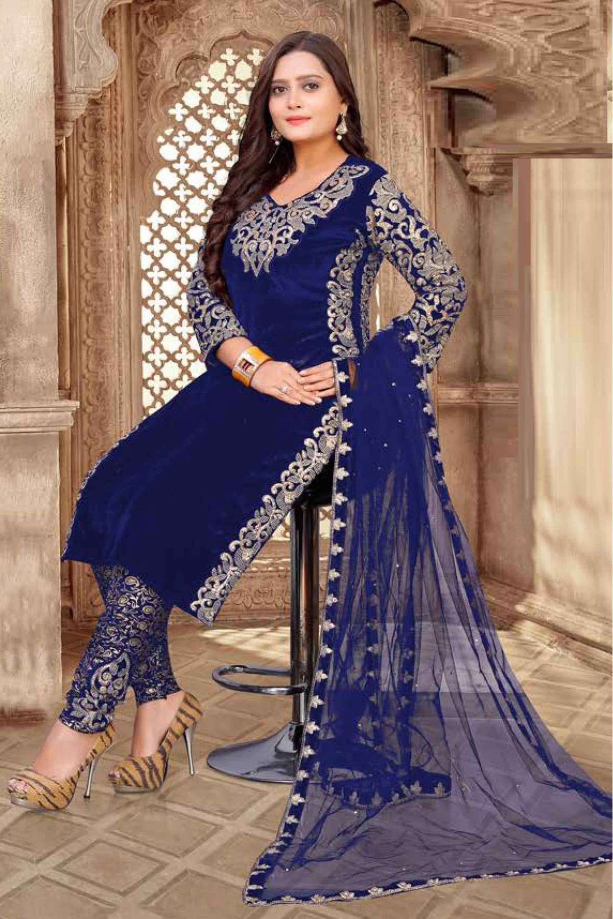 Royal Blue Colored Party Wear Velvet and Jacquard Silk Long