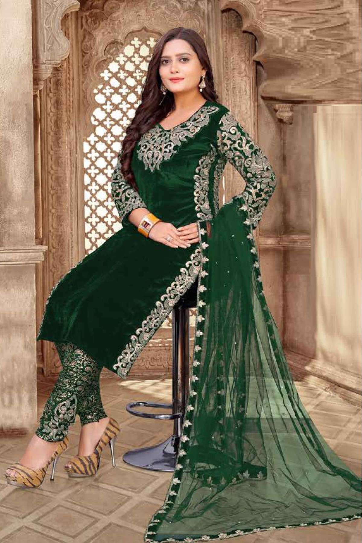 Velvet Embroidery Pant Style Suit In Green Colour - SM1775471