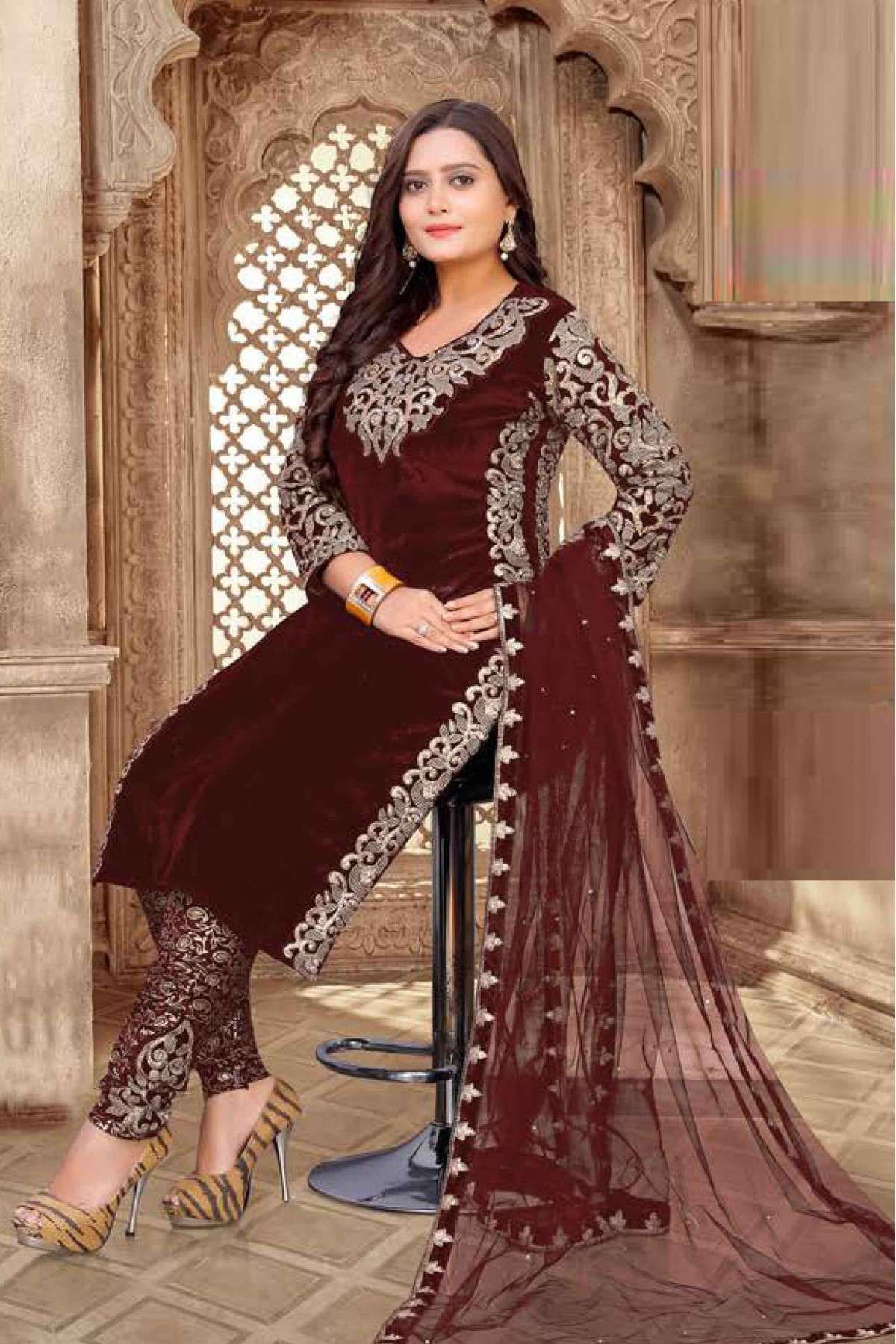 Maroon Embroidered Long Tunic & Pant In Velvet