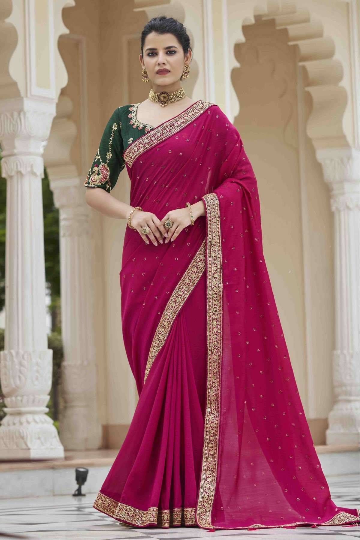 Vichitra Silk Swarovski Work Saree In Dark Pink Colour - SR5010103