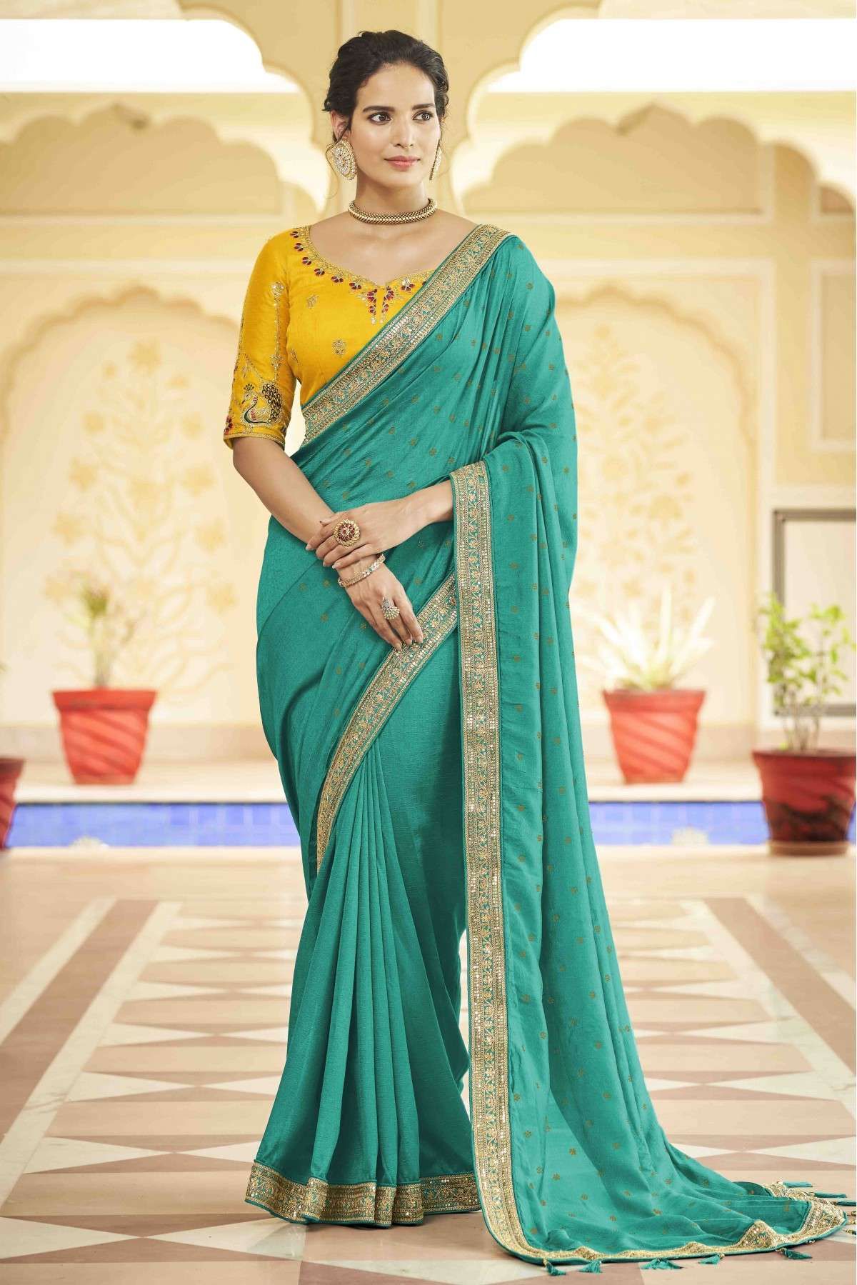 Sea Green Pre-Stitched Blended Silk Saree - Clothsvilla