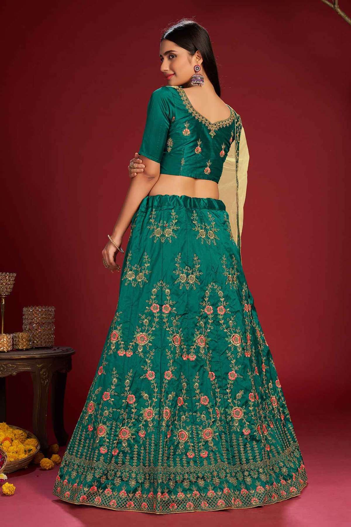 Silk Embroidery Lehenga Choli In Green Colour LD5642739 A