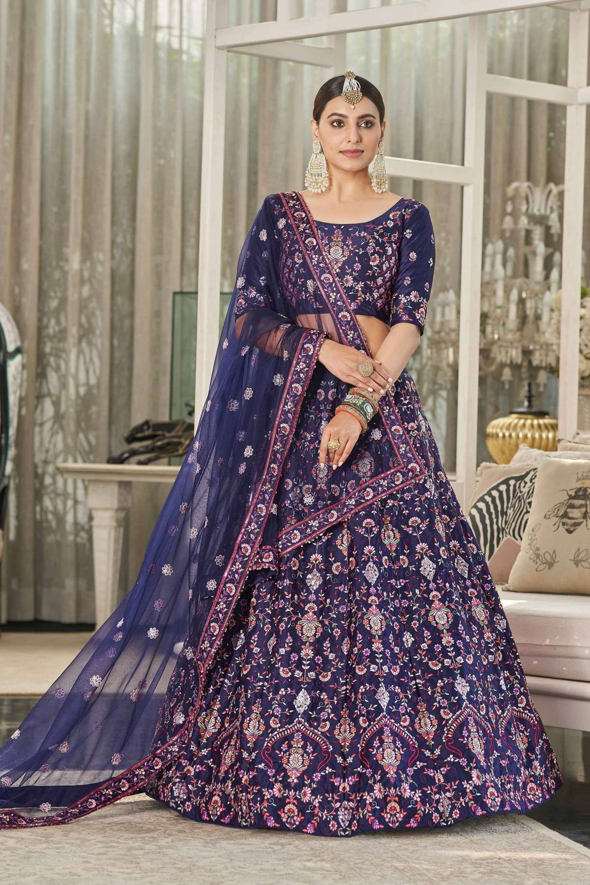 Pure Net Lehenga Choli With Heavy Thread Embroidery with Cut, Mirror and  Zarkan Work LD01353089