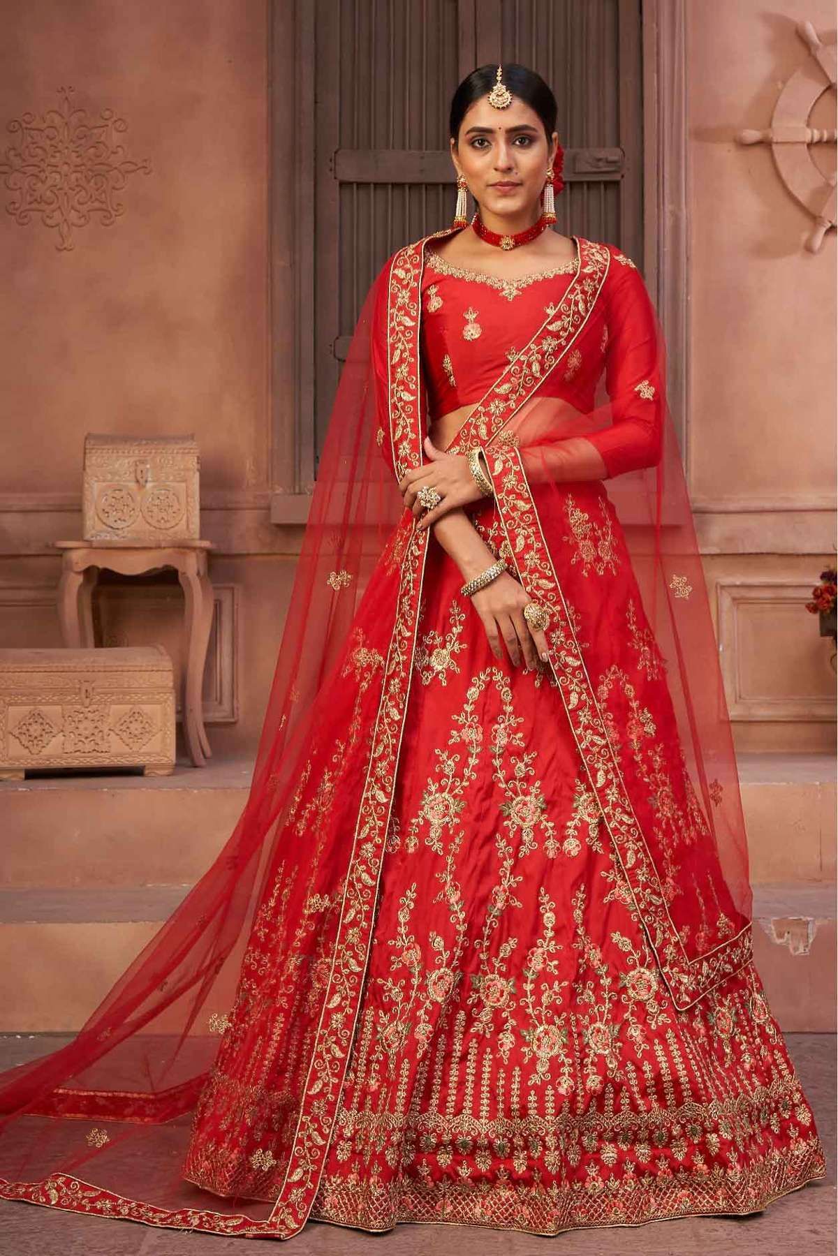 Silk Embroidery Lehenga Choli In Red Colour LD5642735 A