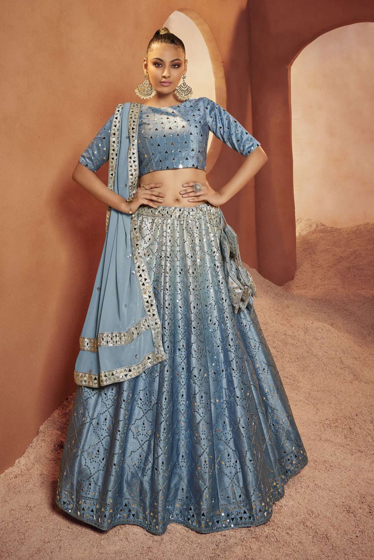 Ninecolours.com - Sky Blue Colour Jacquard Lehenga Choli Comes With  Matching Blouse and Dupatta. This Lehenga Choli Is Crafted With Woven. This Lehenga  Choli Comes As Semi Stitched and Unstitched Blouse Which