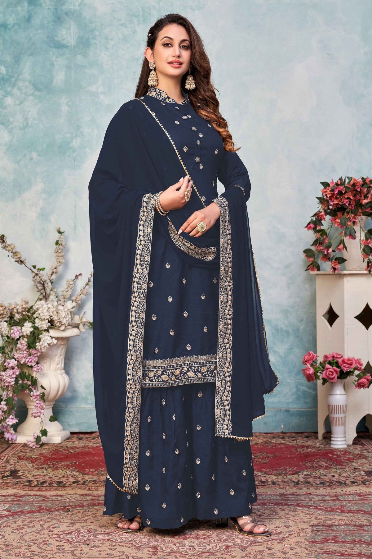 Net Embroidery Pant Style Suit In Blue Colour - SM1640601