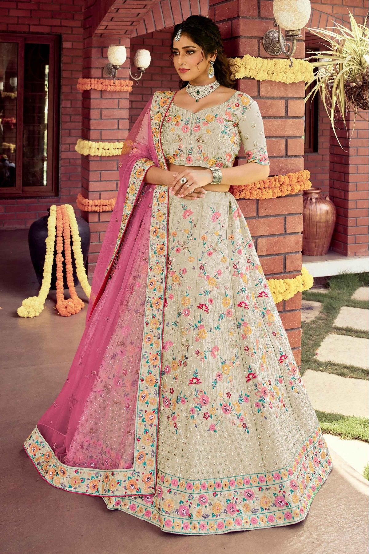 Buy Black and Pink Resham Work Lehenga Choli Online -