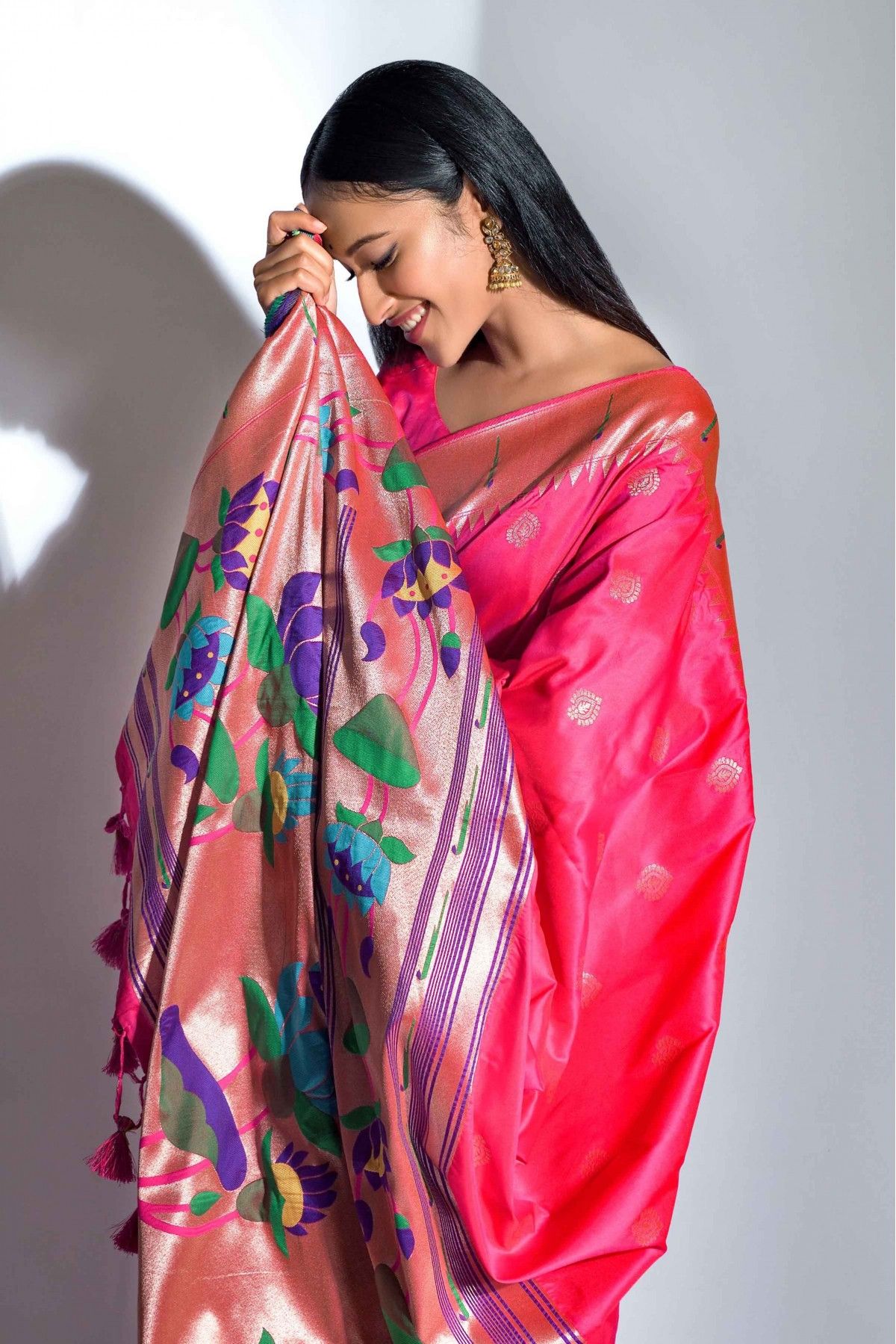 Shop Powder Pink Banarasi Silk Saree Online in USA with Overall Buta – Pure  Elegance