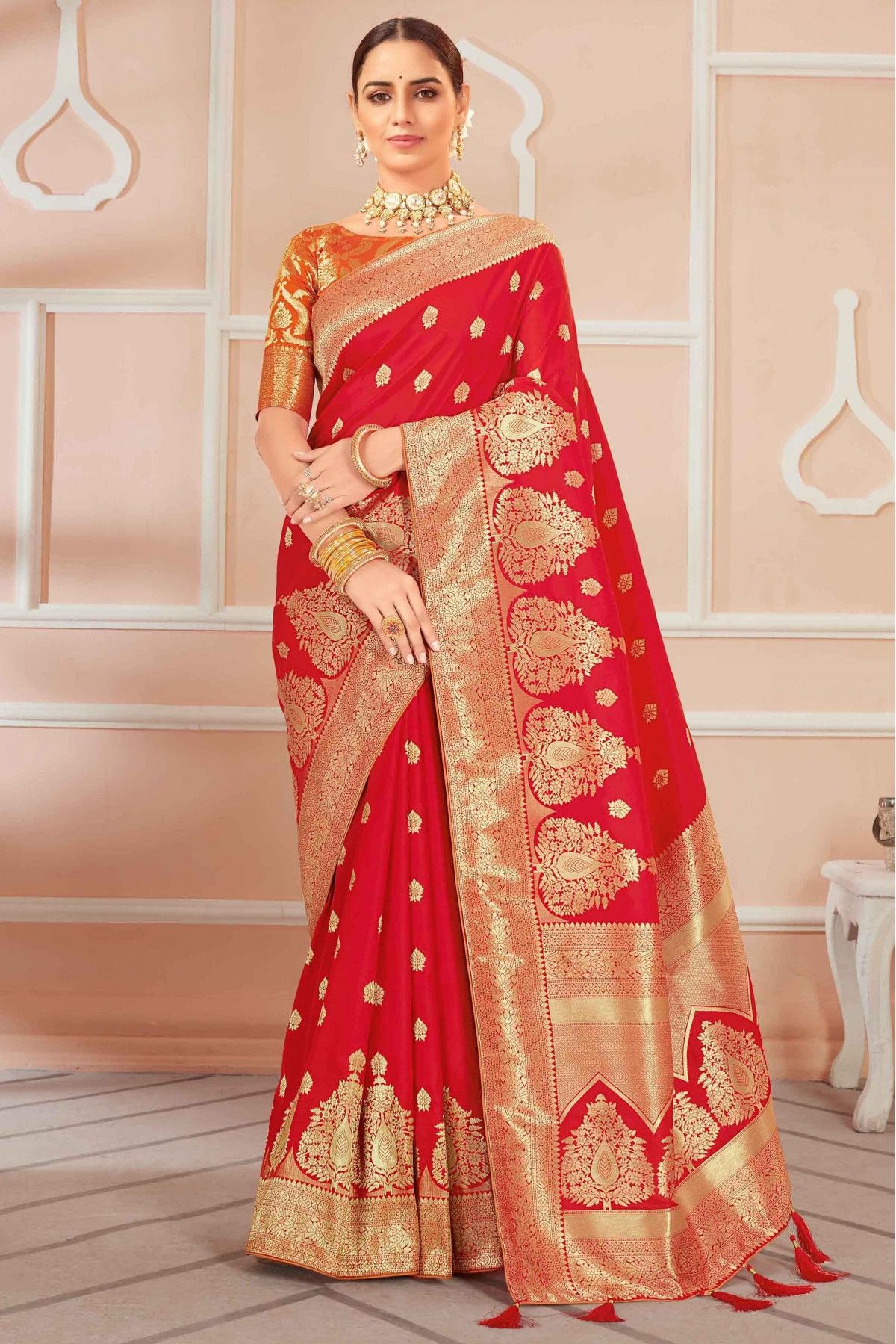 Buy Festive Red Wedding Saree In Banarasi Silk FZ87416 – ShreeFashionWear