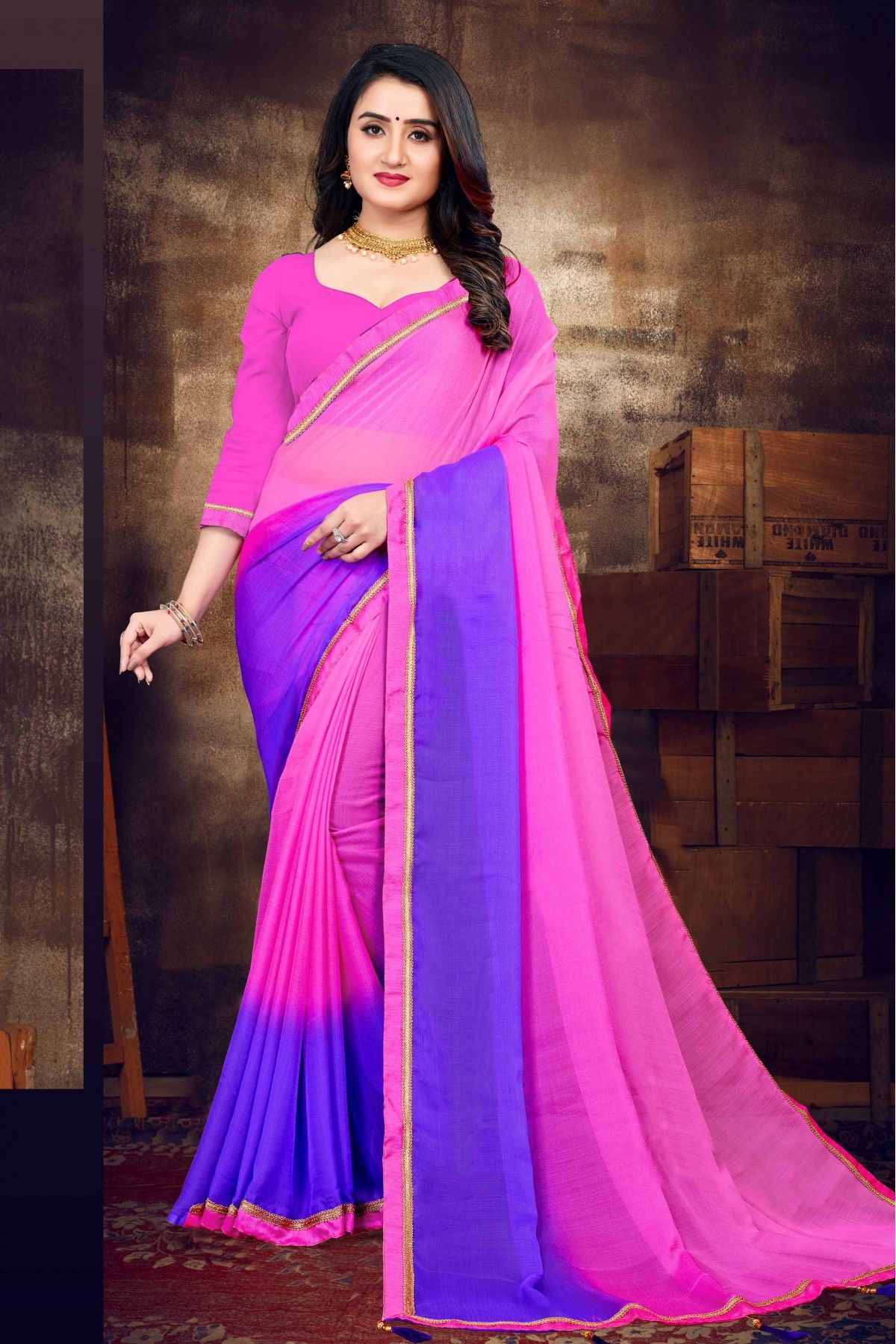 Banarasi Style Blue & Pink Cotton Silk Woven Saree With Unstitched Blouse