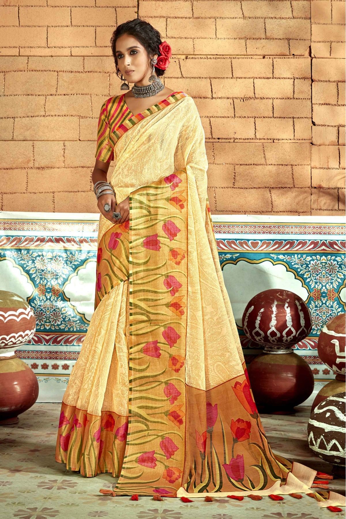 Off White Cotton Printed Saree - KAY KRAFT