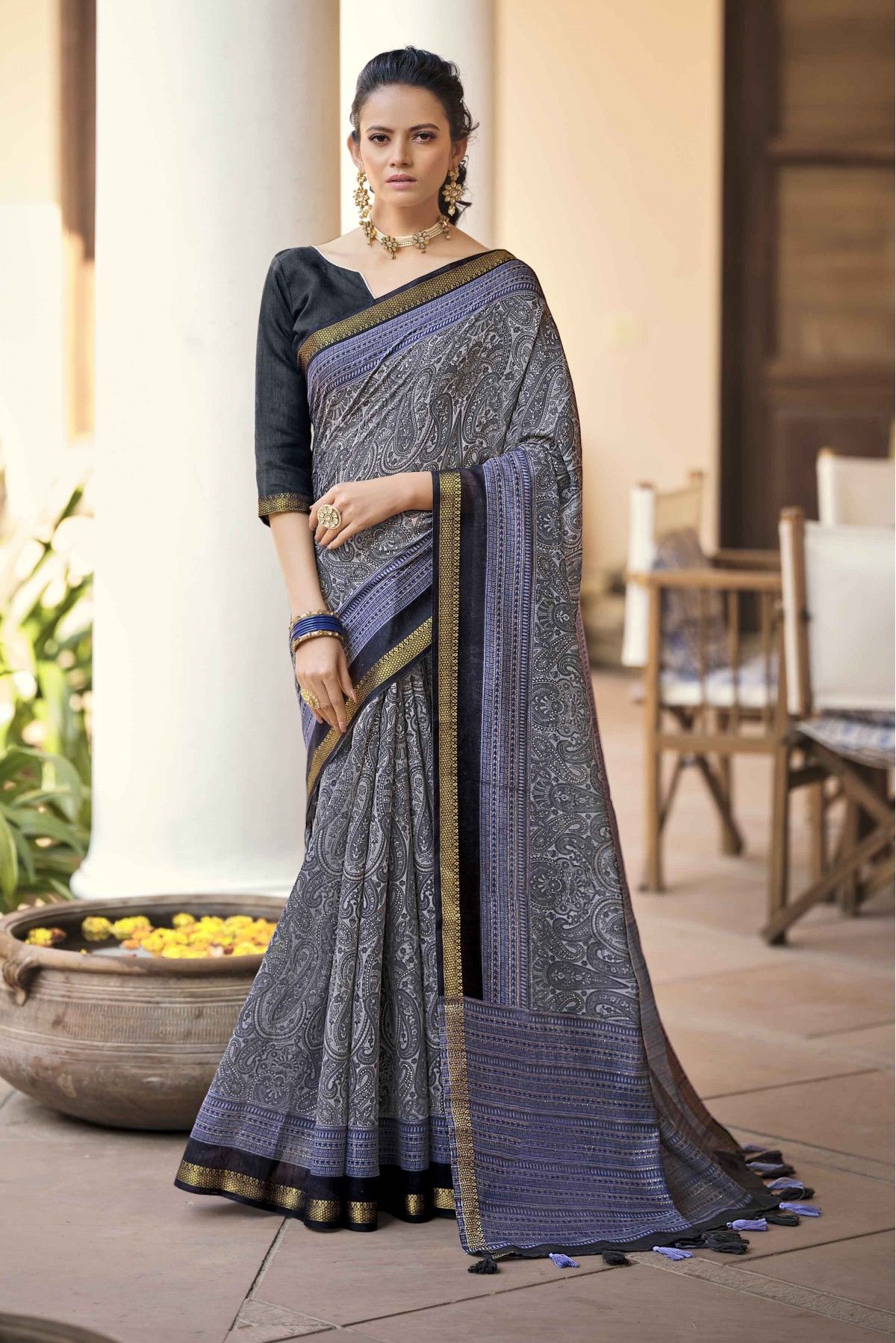 Embroidered Cotton Silk Saree in Dusty Blue : SKGA1787