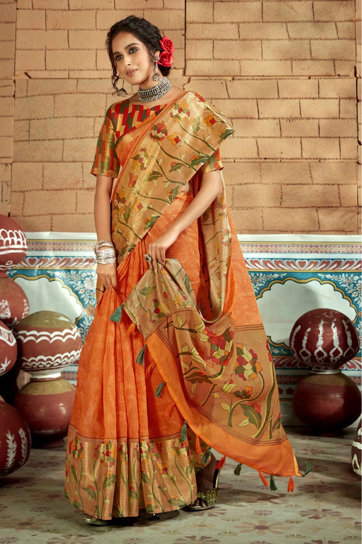 Digital printed Cotton Saree in Orange : SMA8191