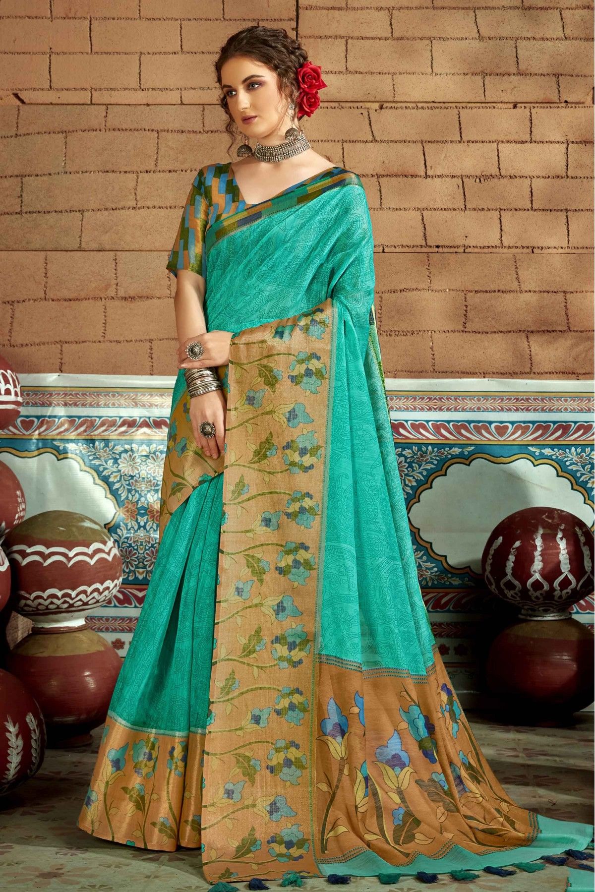 Lemon Green Floral Linen Cotton Saree with Silver Zari Border - kashtii.in