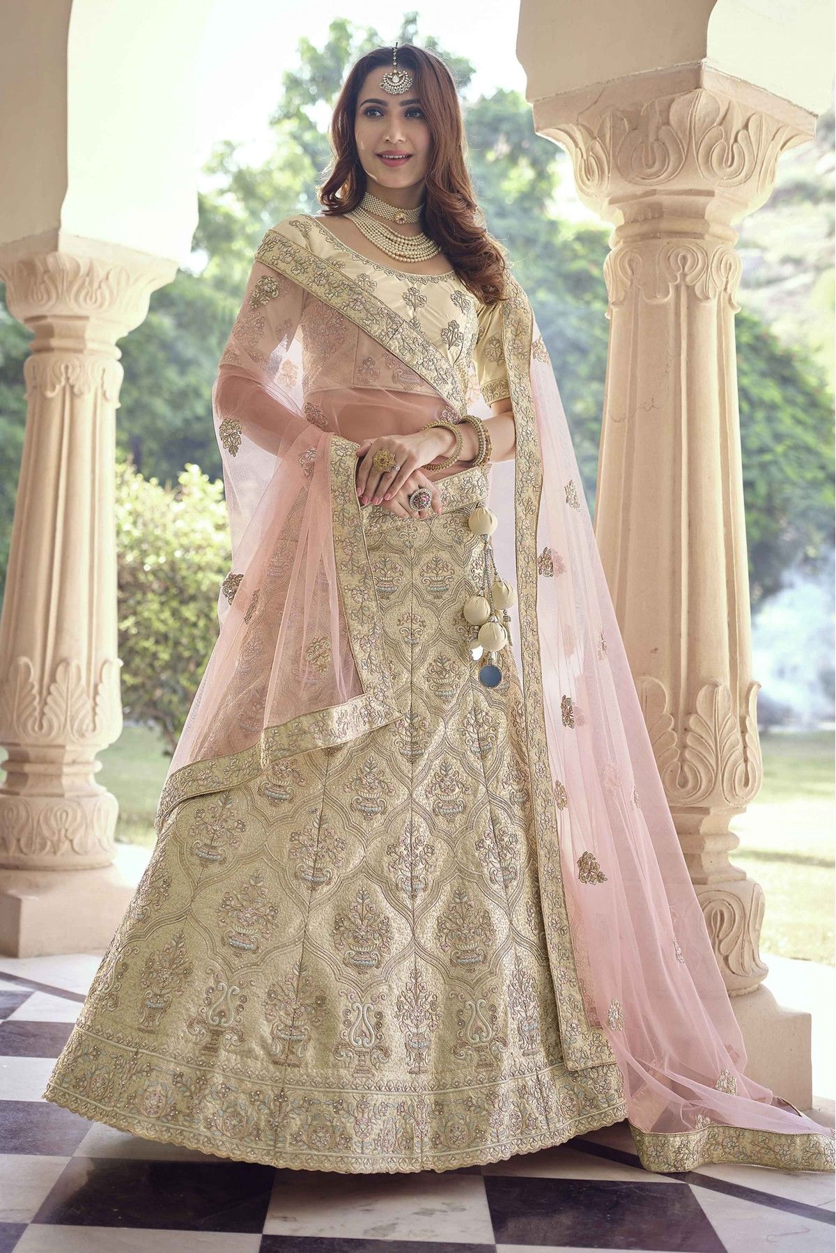 Slub Silk Embroidery Lehenga Choli In Cream Colour - LD3820092