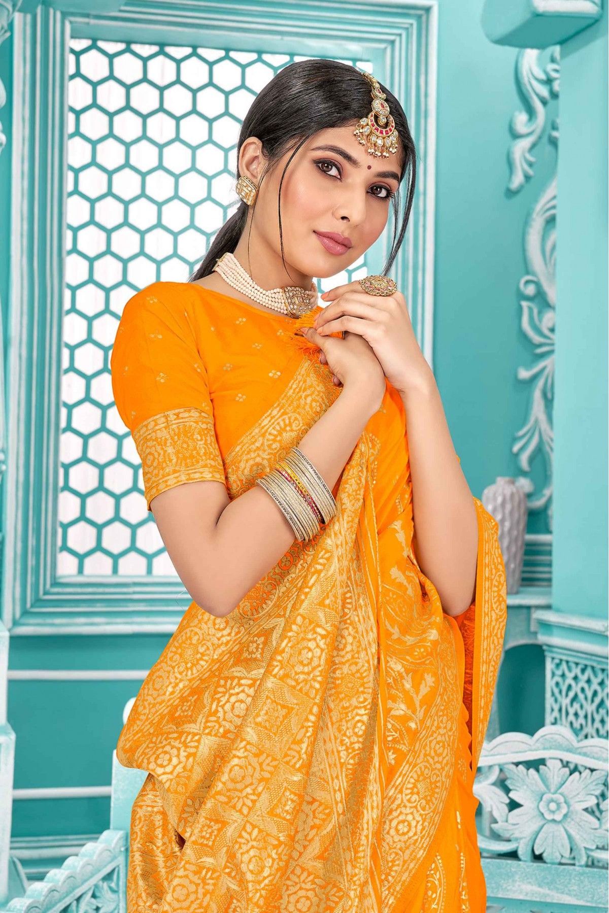 Buy online Women's Self Design Yellow Colored Saree With Blouse from ethnic  wear for Women by Mimosa for ₹1939 at 65% off | 2024 Limeroad.com