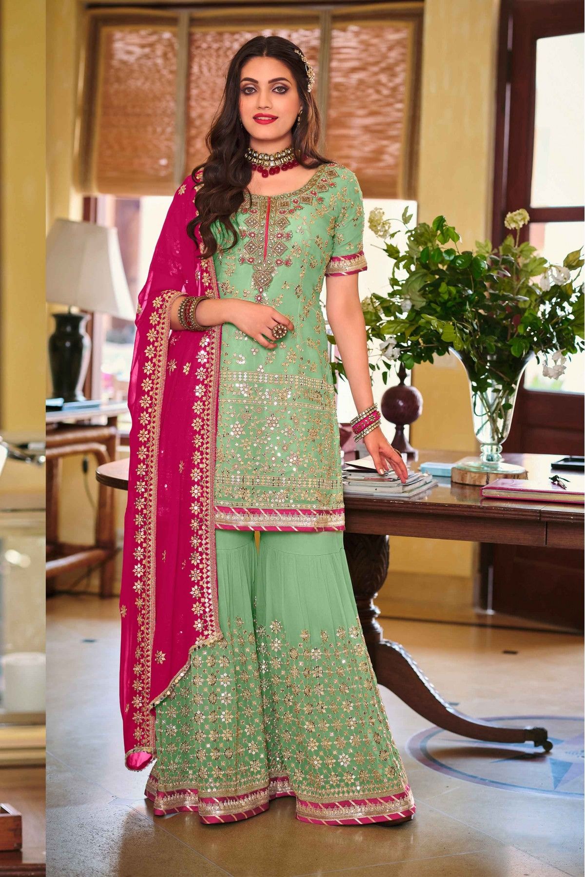 Dazzling Yellow & Green Color Heavy Satin Festive Wear Sharara Suit