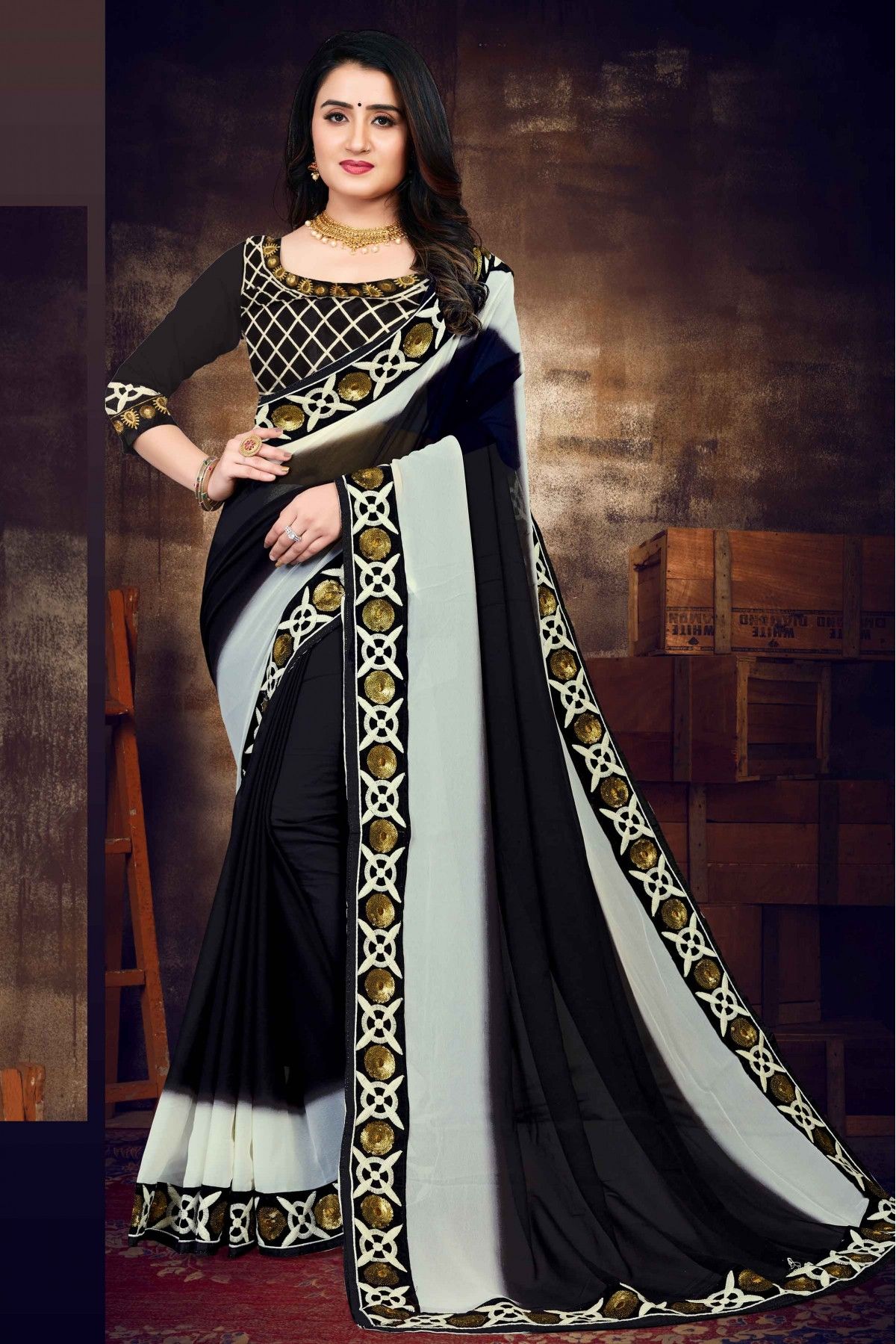 Silk Blend Black Colour Saree With Golden Zari Work