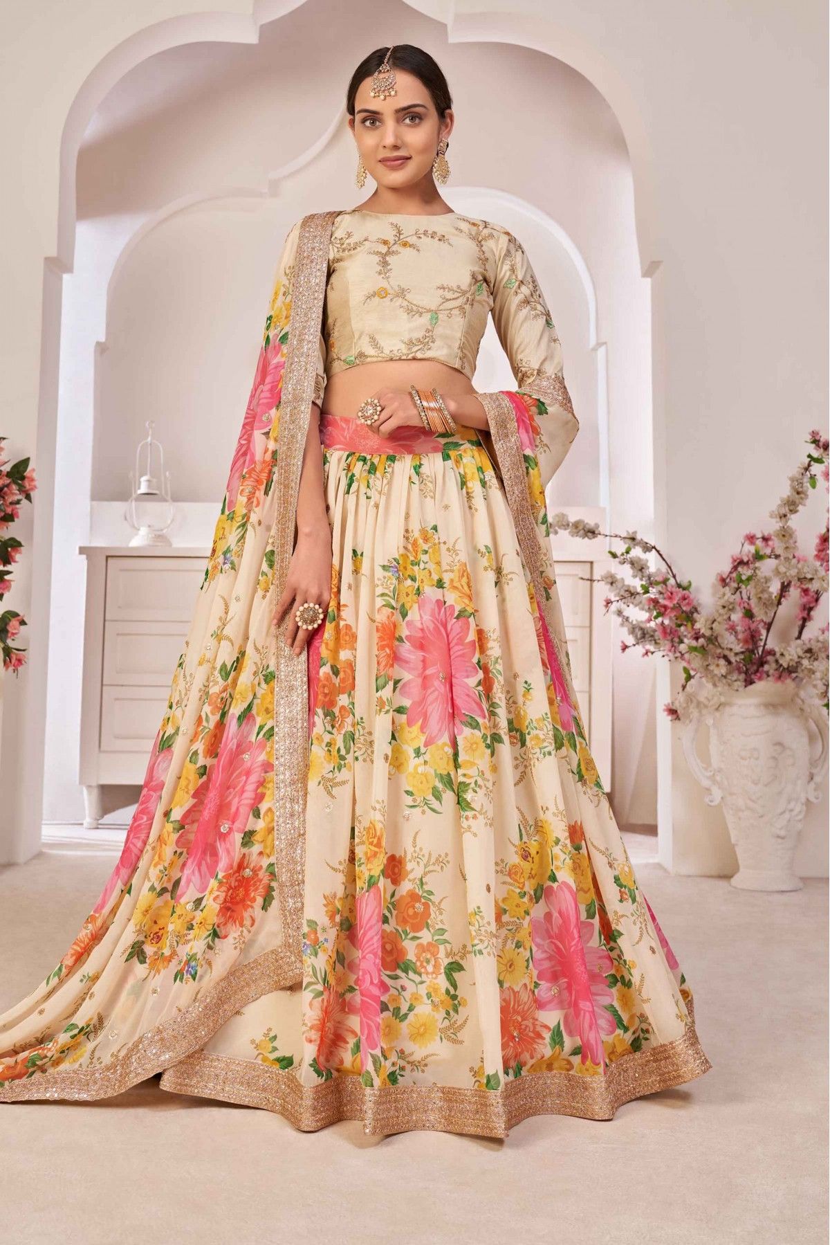 Cream Color Georgette Embroidery Lehenga Choli