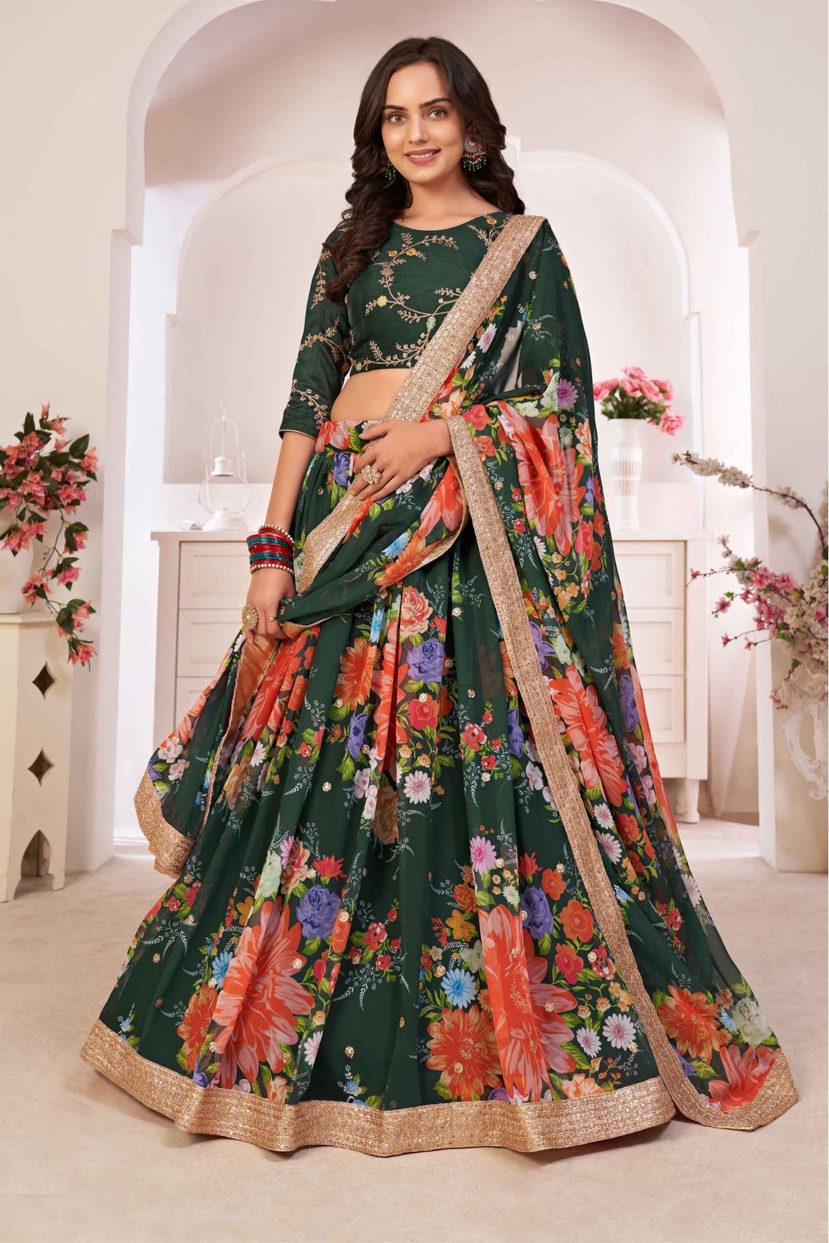 Indian Gota Silk Lehenga Choli With Floral Digital Print Work and