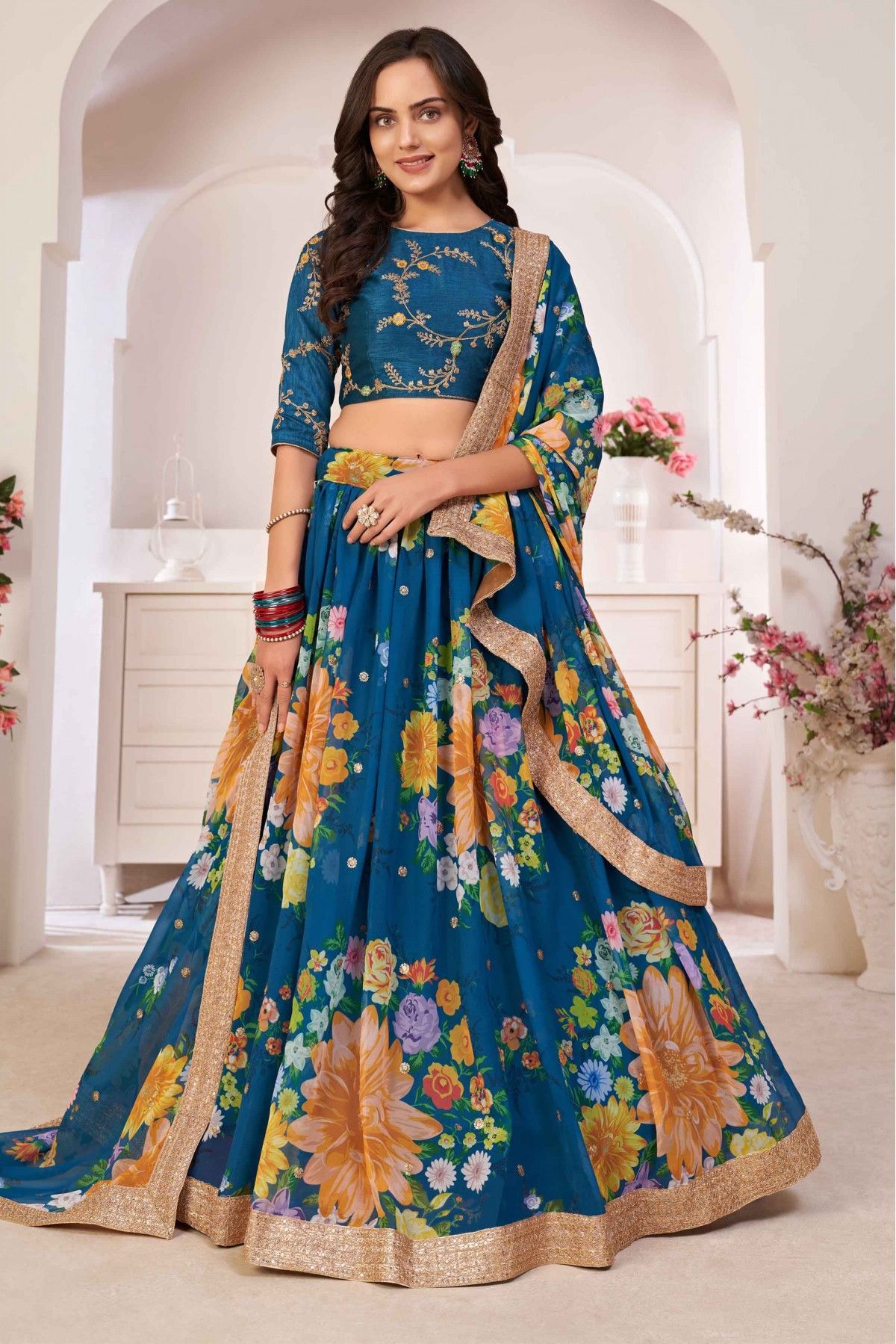 Georgette Digital Print Lehenga Choli In Teal Blue Colour - LD3880344