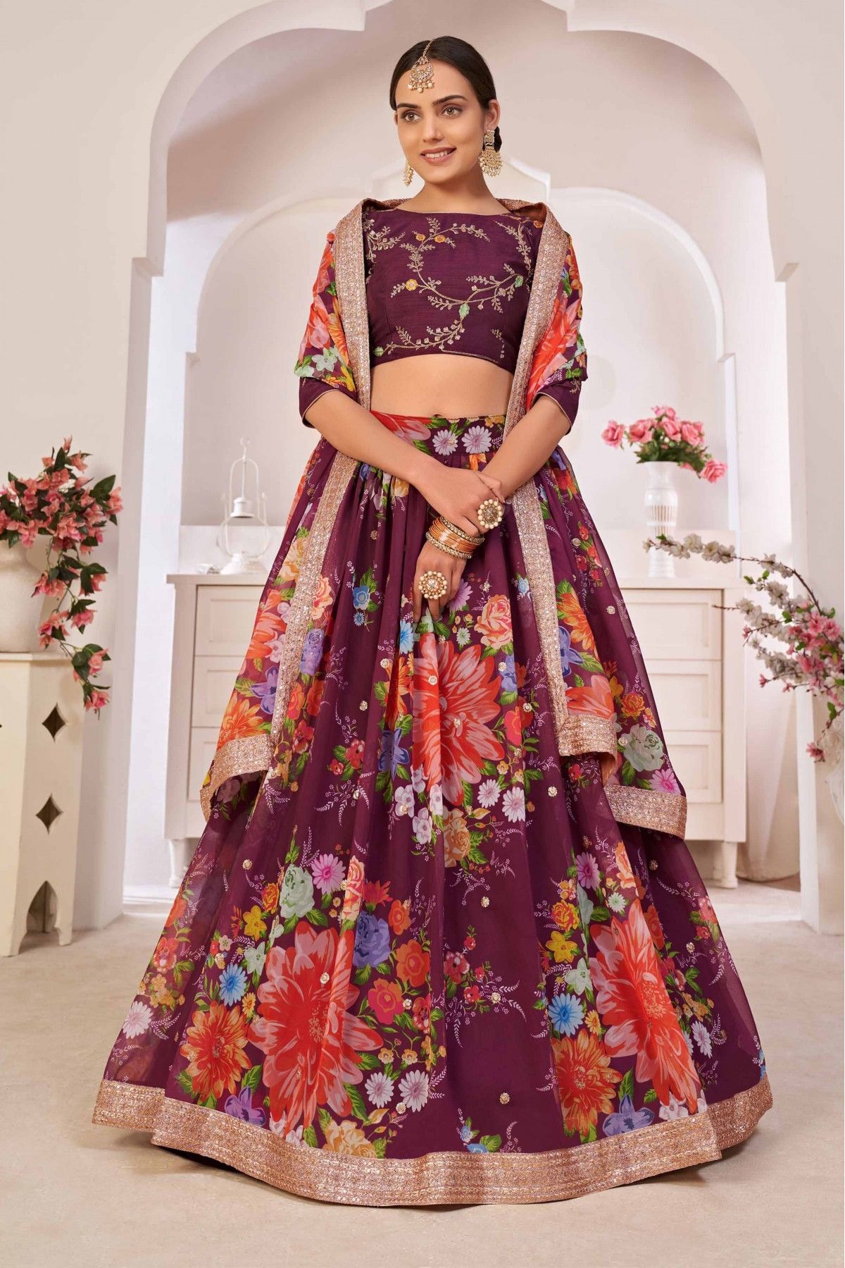 Lehenga Choli Digital Print Muslin in Multi Colour