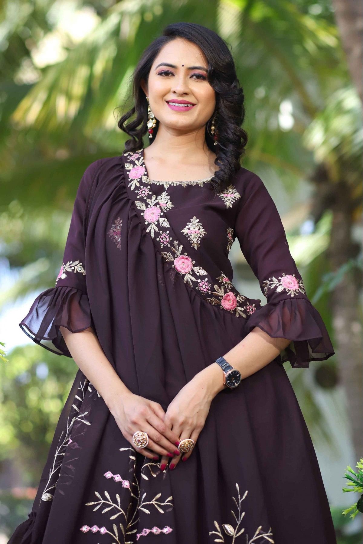 Wine georgette sequence work long kurti