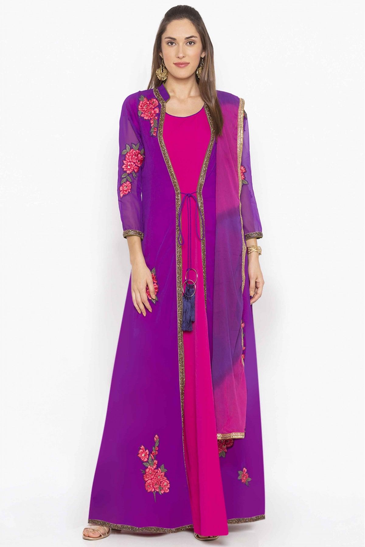 Purple And White Embroidered Jacket Style Palazzo Suit - Hijab Online