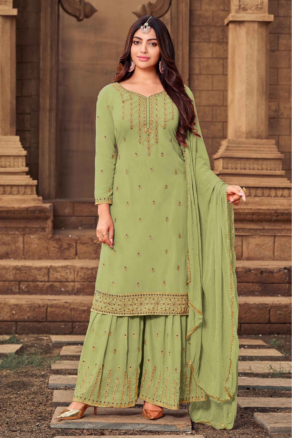 Pista Green With Golden Embroidered Lehenga/Pant Suit