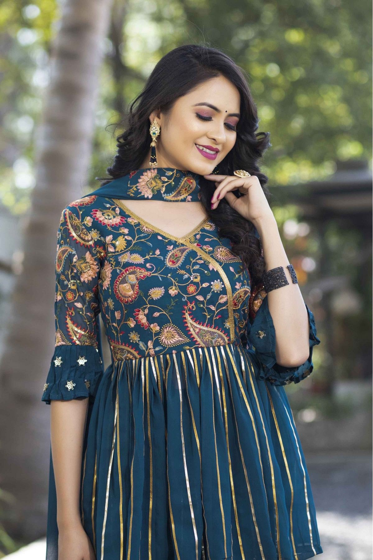 Heavy Designer Sequance Embroidery Work Soft Net Traditional Anarkali Dress  In Amazing Teal Blue Colour - KSM PRINTS - 4006324