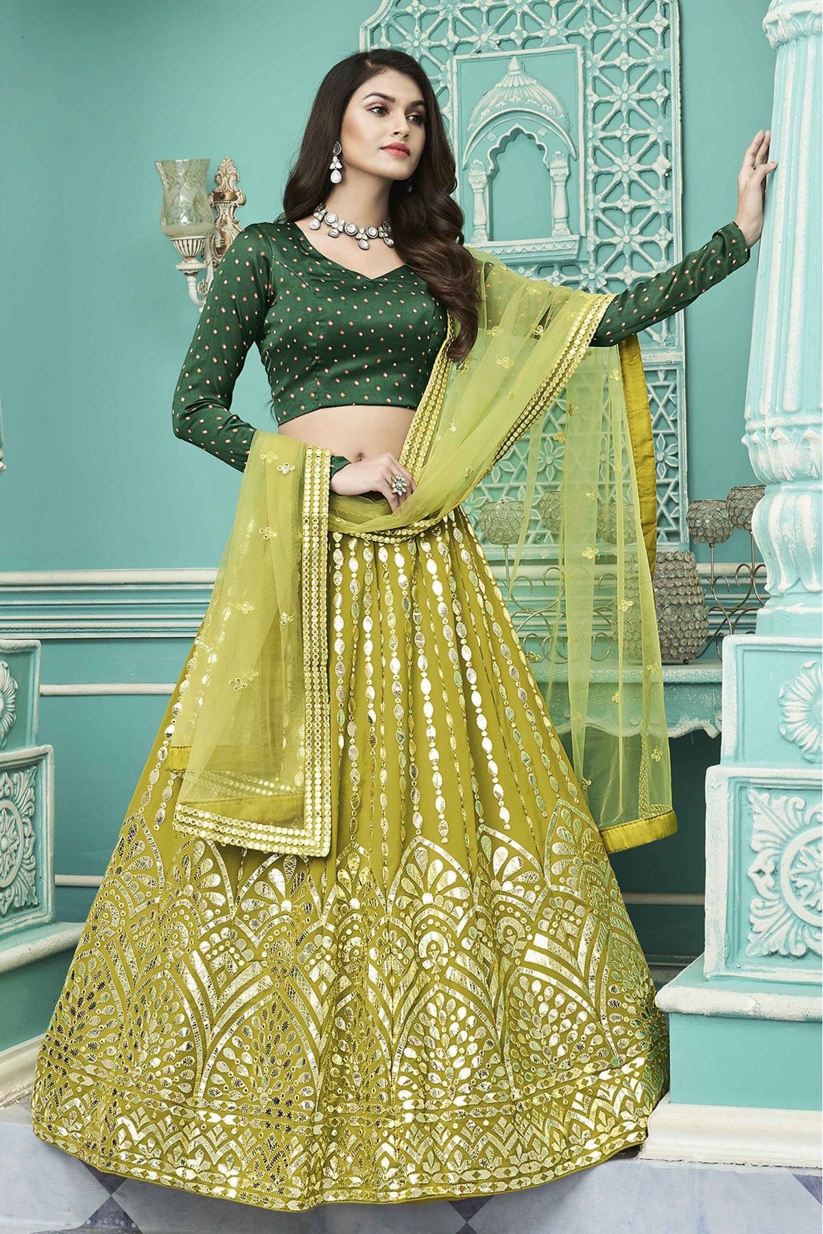 Georgette Gota Patti Work Lehenga Choli In Green Colour - LD3210878