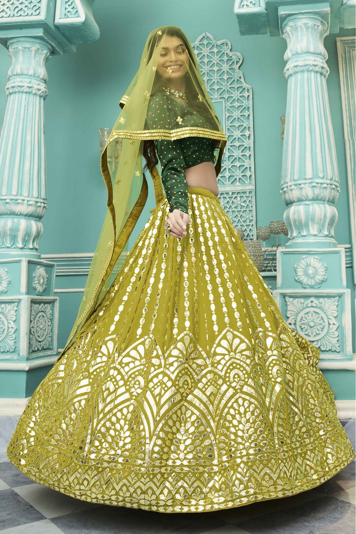 PASTEL YELLOW LEHENGA SET WITH MULTICOLOURED EMBROIDERY, GOTA WORK AND  SILVER EMBELLISHMENTS. - Seasons India