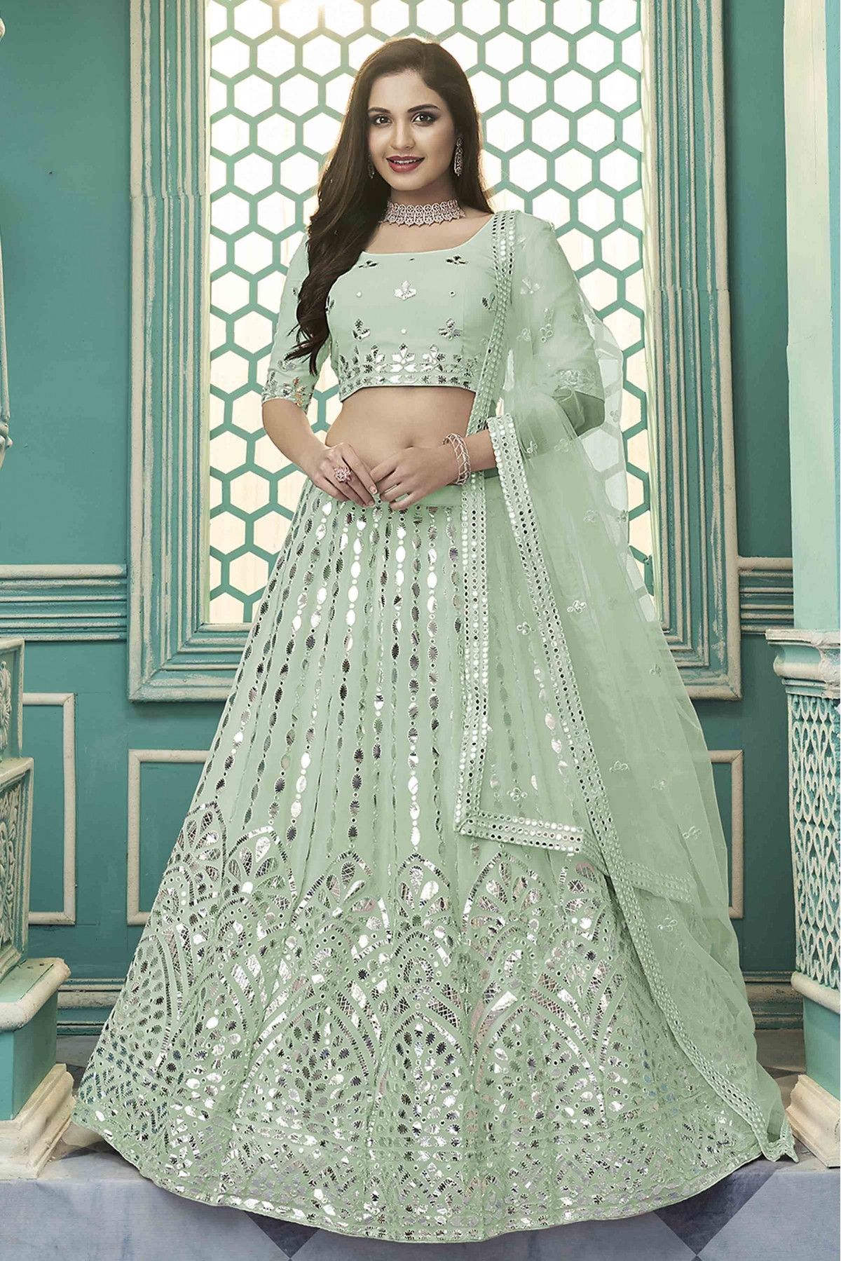 pista green silk embroidered lehenga choli 4156