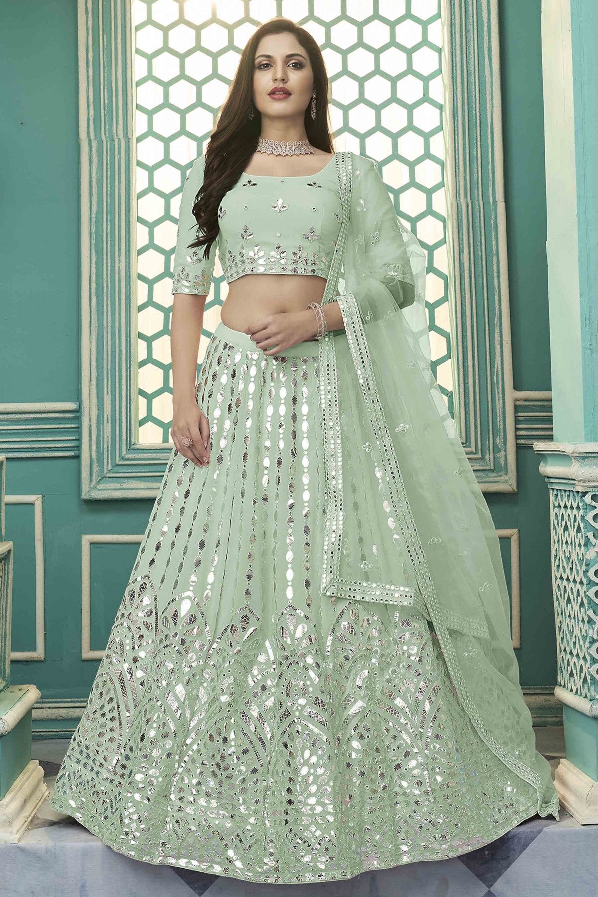 Georgette Gota Patti Work Lehenga Choli In Pista Green Colour - LD3210877