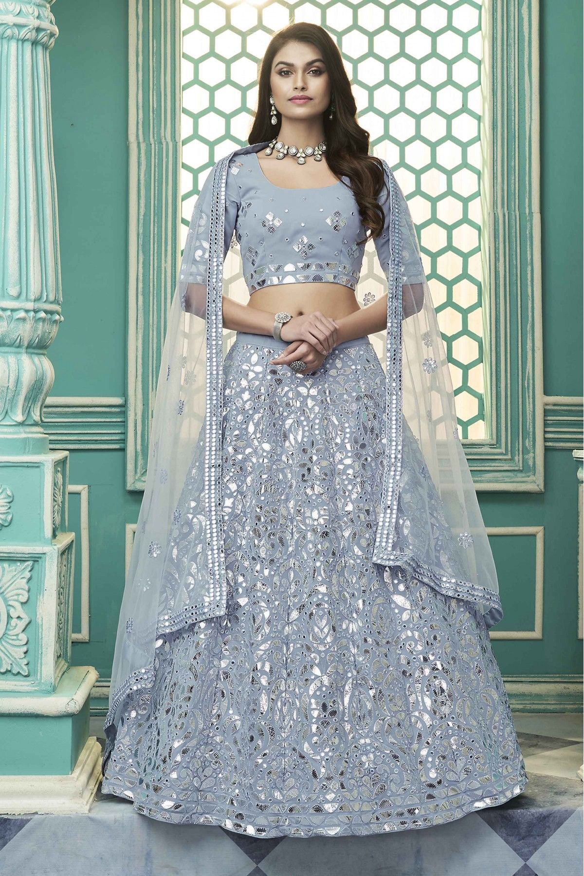 Georgette Gota Patti Work Lehenga Choli In Sky Blue Colour LD3210874 A