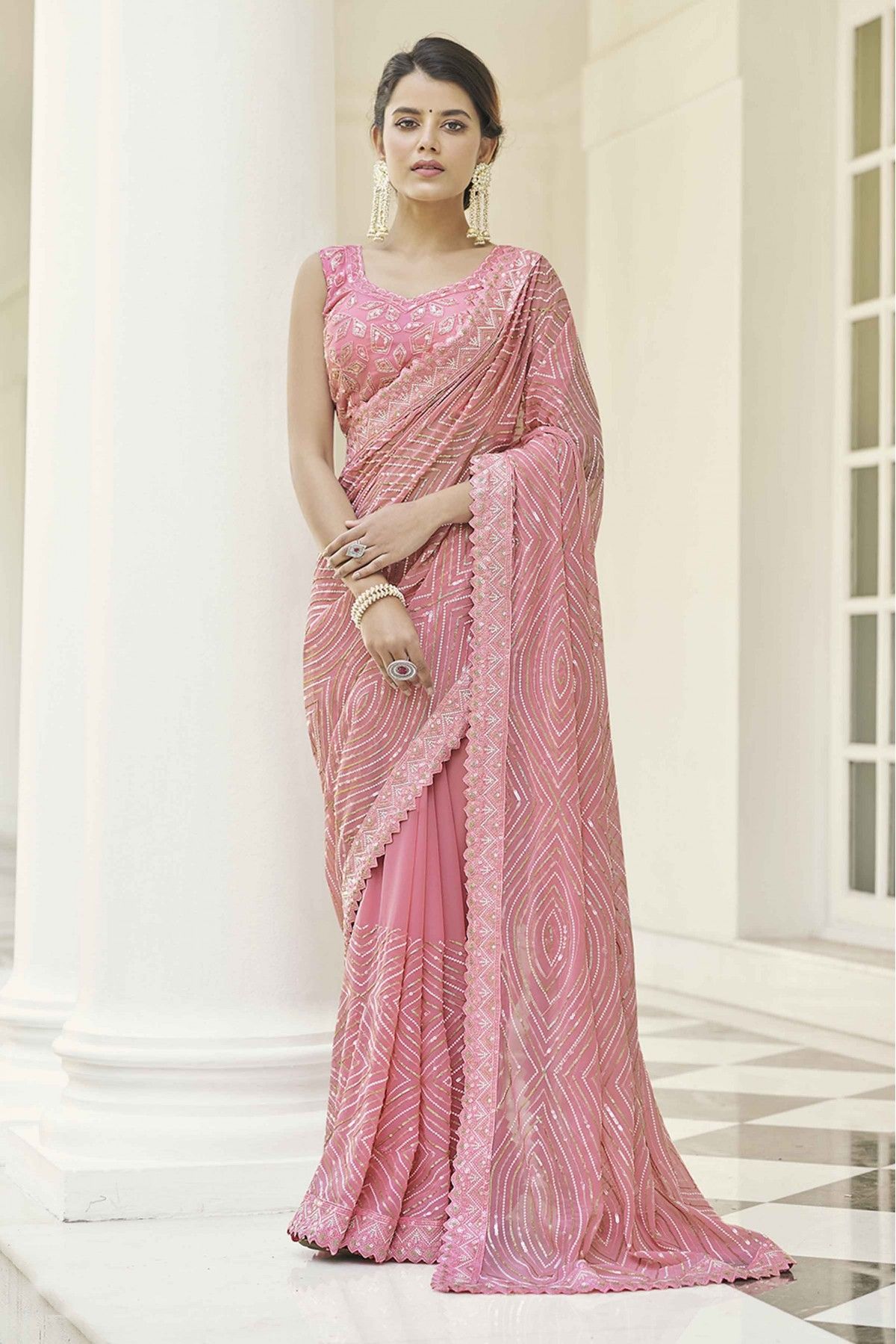 Thread Work Embroidered Georgette Salmon Peach Saree|SARV152774