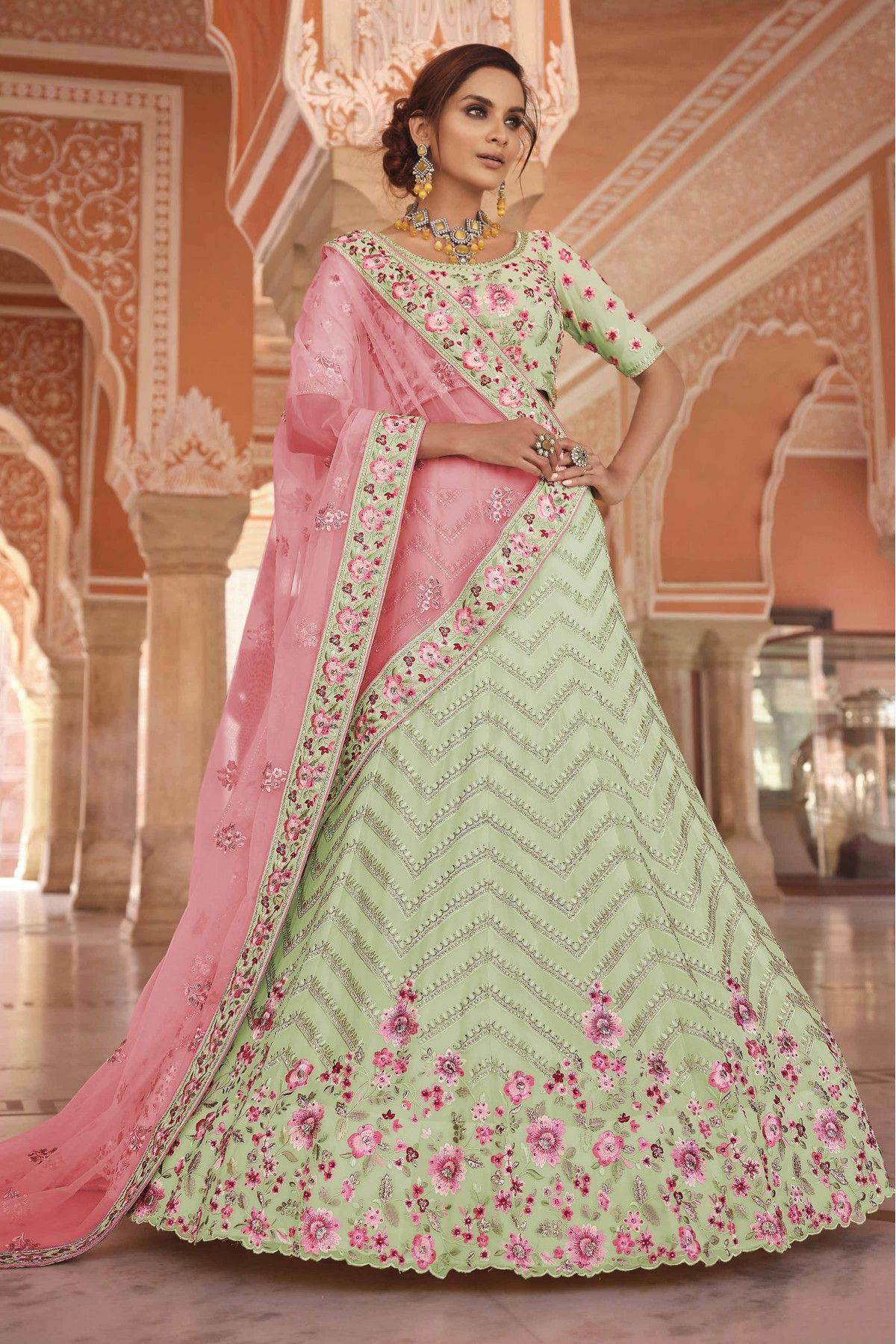 Handwoven Light Green Sona Rupa Zari Kadhwa Lehenga – WeaverStory