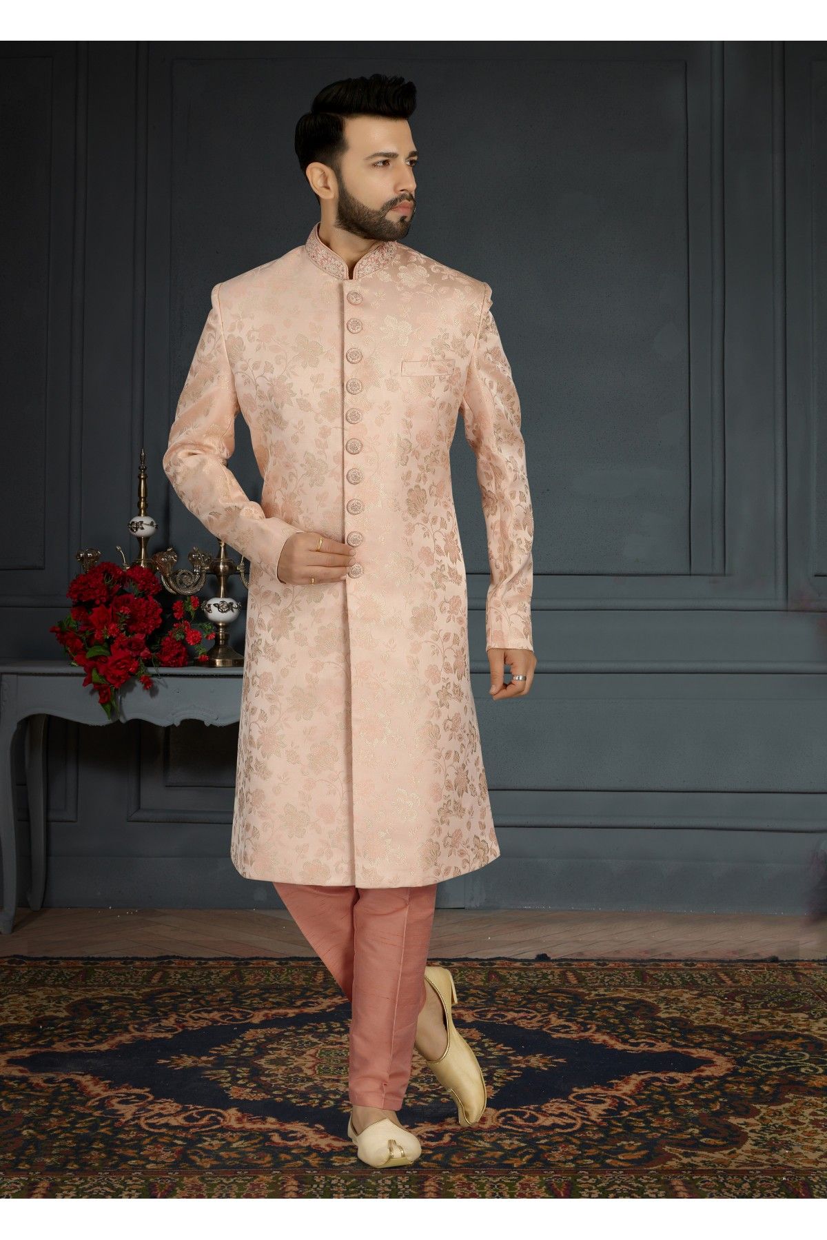 Kolkata clients choose matching sherwani and lehenga for the wedding . Peach  gold sherwani with intricate handwork , By Ranas L… | Dress, Long sleeve  dress, Lehenga