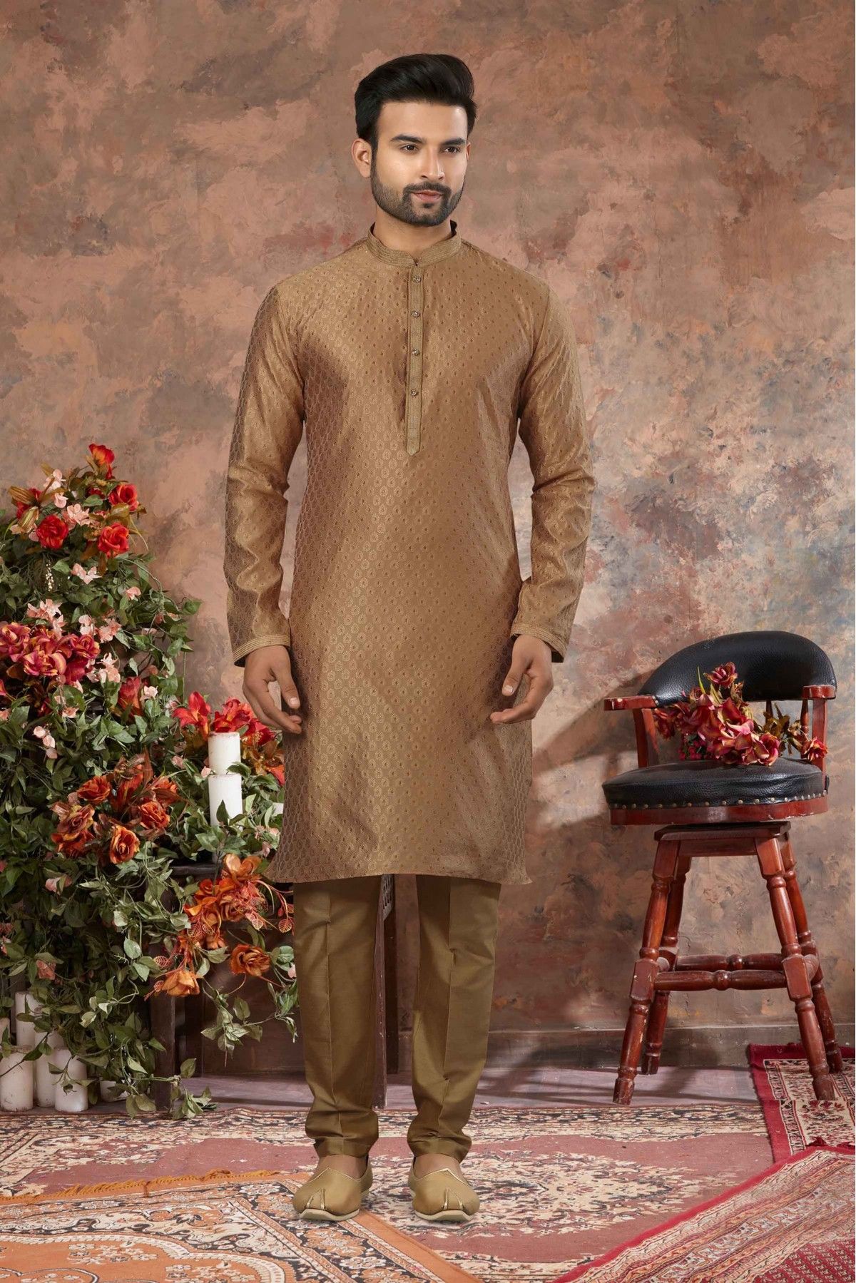 Jacquard Woven Kurta Pajama In Gold Colour KP4120491