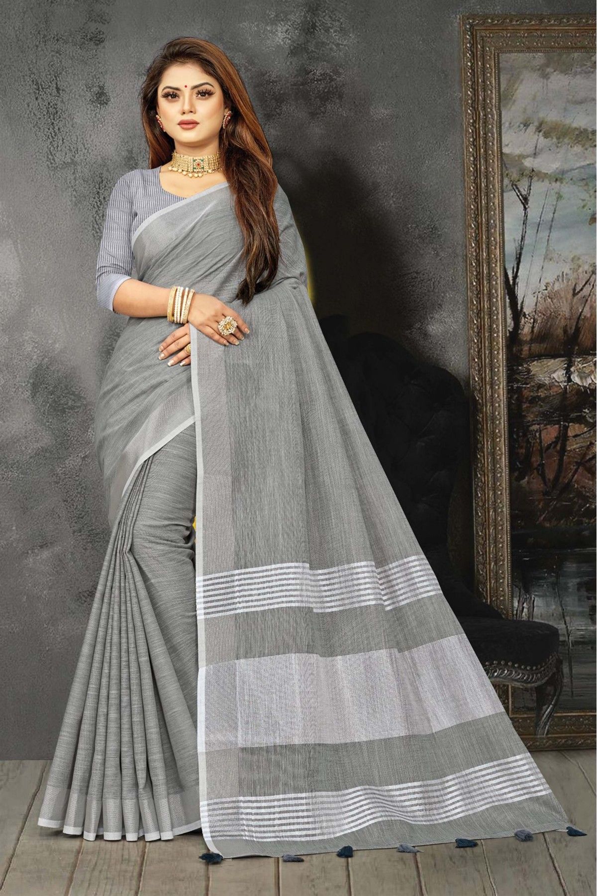 Linen Woven Saree In Grey Colour - SR5412345