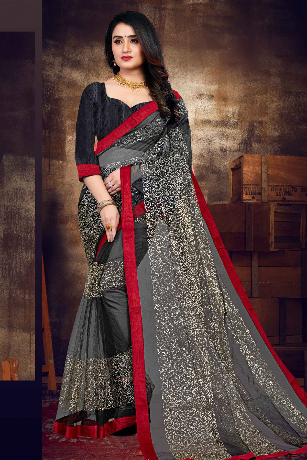 Best Black Color Fancy Georgette Silk Saree With Contrast Blouse