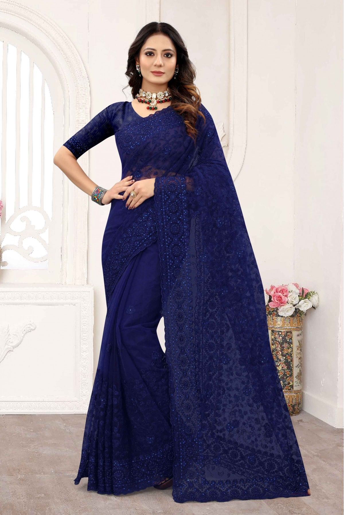 Navy Blue Silk Embroidered Blouse with Saree | trendwati